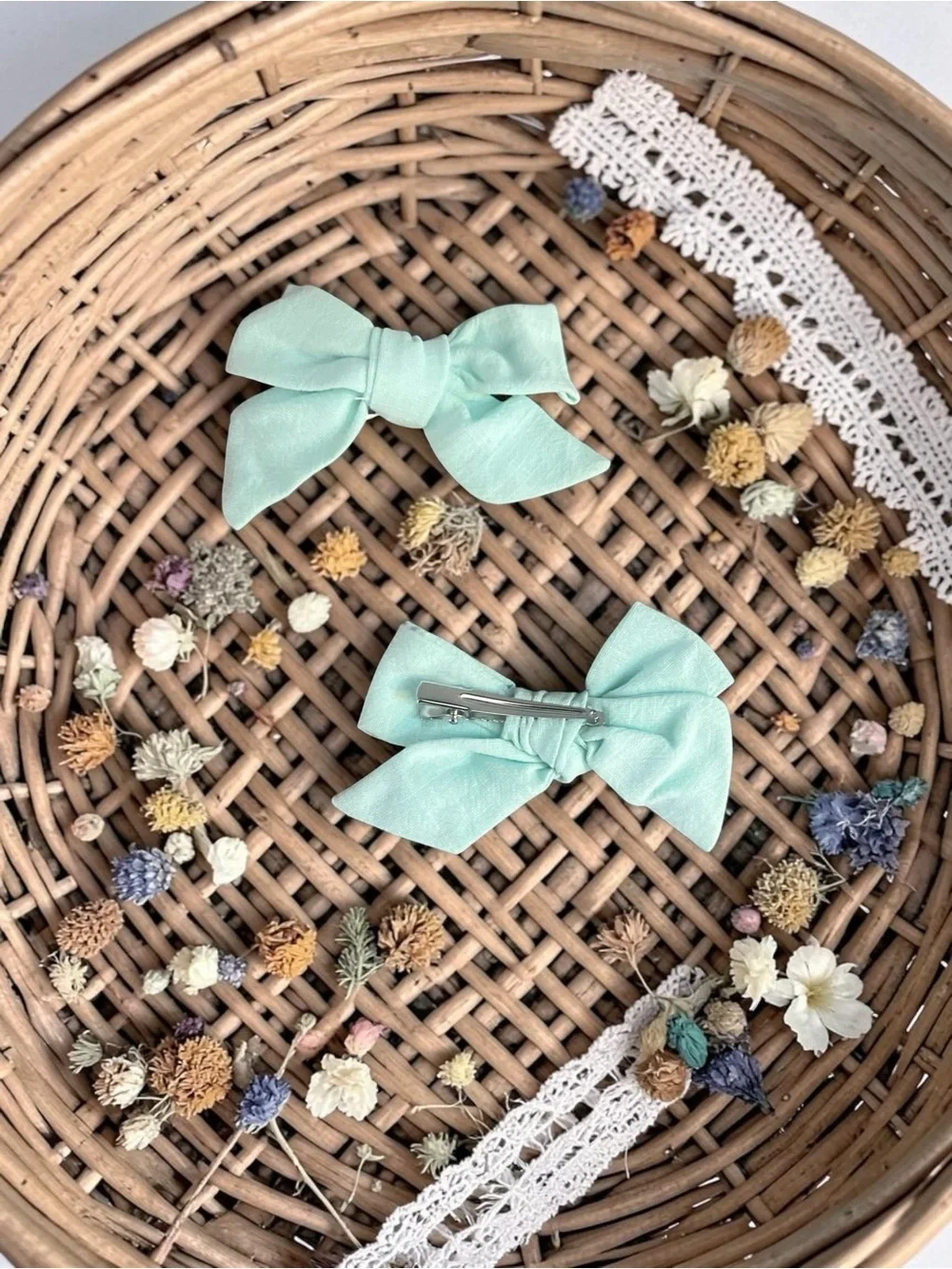 Set of 2 Mint Green Linen Hair Bows Cottagecore Classic Alligator Clips